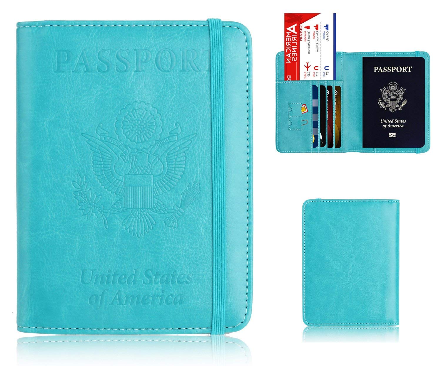 Leather Passport Holder Cover Leather Rfid Blocking Passport Wallet Case for Men Women With Elastic Band, Light Blue